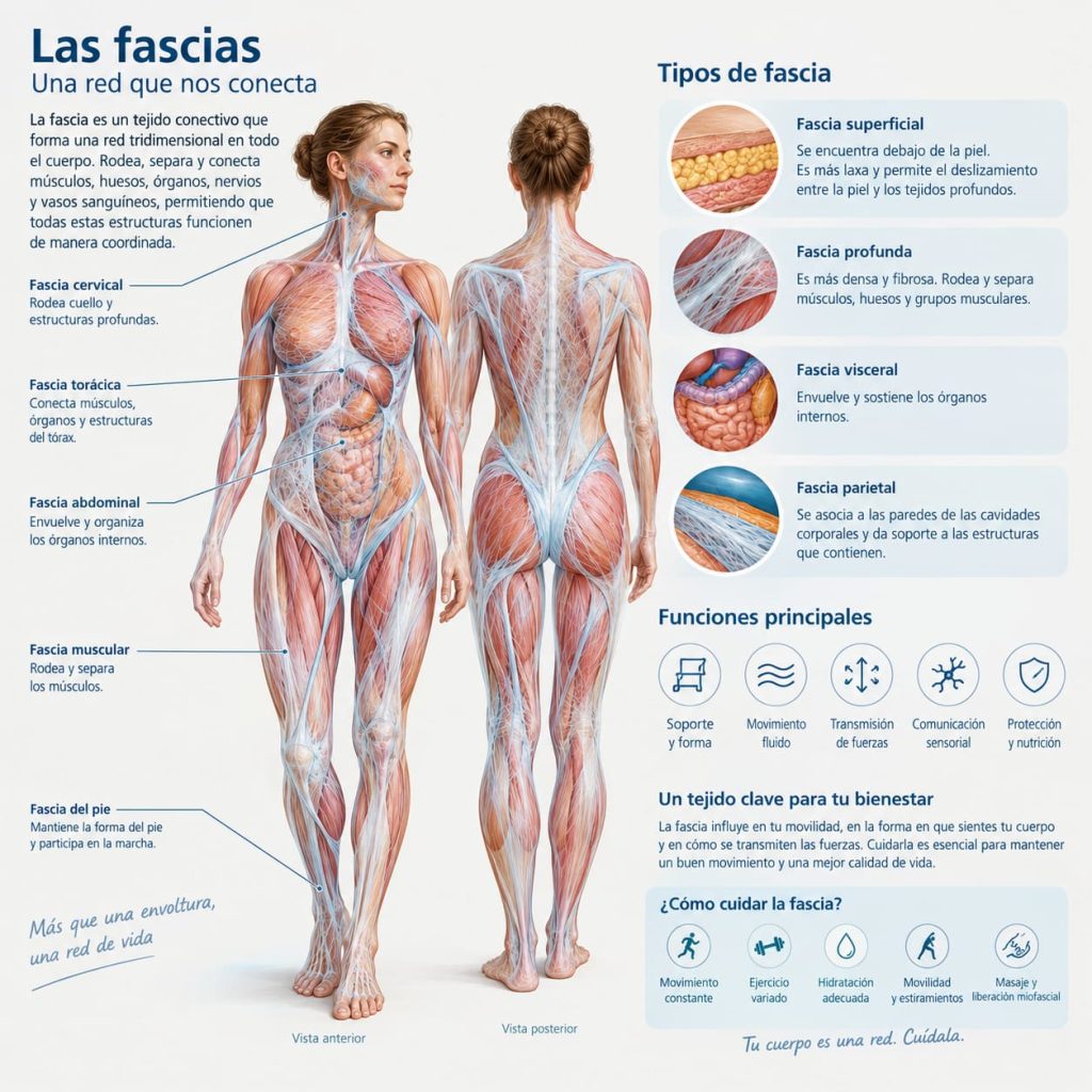 Infografía sobre las fascias del cuerpo humano, sus tipos, funciones y cuidados.